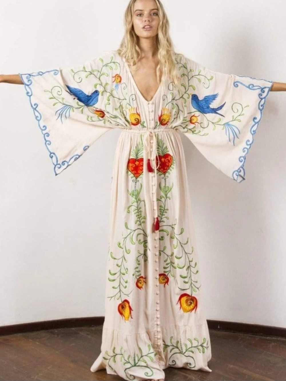Higher Consciouness Maxi Dress Embroidered Cream with Blue Bird Motif